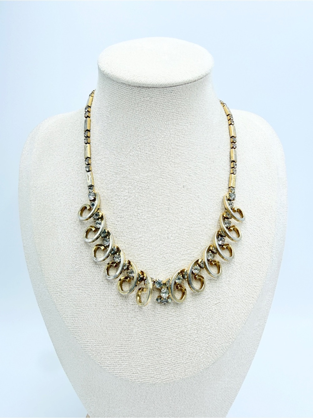 Vintage Gold Tone Rhinestone Scroll Necklace Adjustable Choker